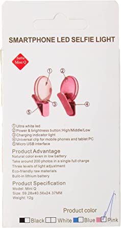 Mini Q Smartphone Selfie Lights,Selfie Light Ring 3-Level Brightness LED,Pink