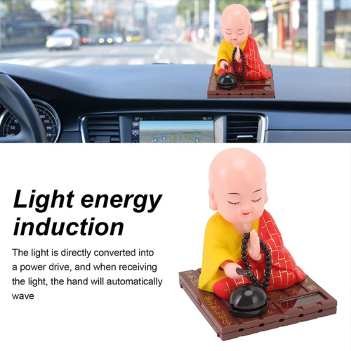 SINAGAR Little Monk Figurine, Solar Chinese Little Buddha Monk Statue, Bring Good Fortune Decoration Ornament, Funny Car Shaking Head Toy, Solar Power Nodding Head Dancing Toy (Red)