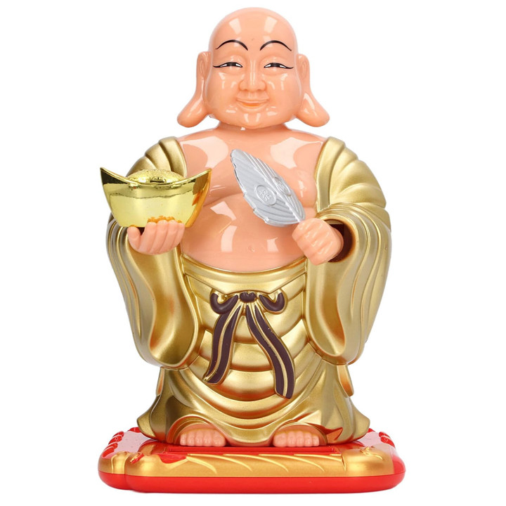 Solar Laughing Buddha Holding Ingot and Waving Fan Moving Head and Fan for Health Wealth and Prosperity (9 x 8 x 13 cm) Small