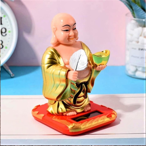 Solar Laughing Buddha Holding Ingot and Waving Fan Moving Head and Fan for Health Wealth and Prosperity (9 x 8 x 13 cm) Small