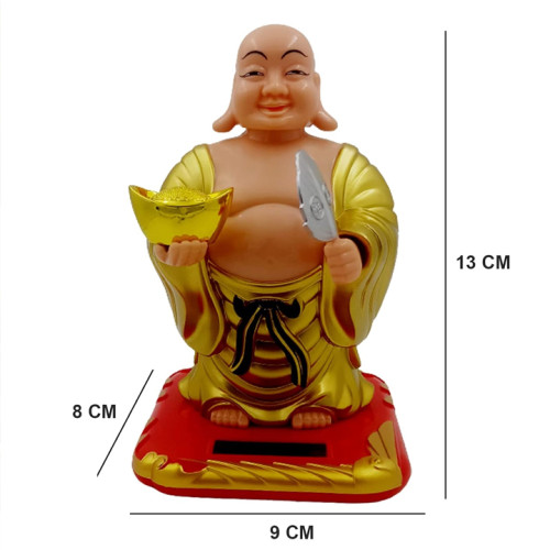 Solar Laughing Buddha Holding Ingot and Waving Fan Moving Head and Fan for Health Wealth and Prosperity (9 x 8 x 13 cm) Small