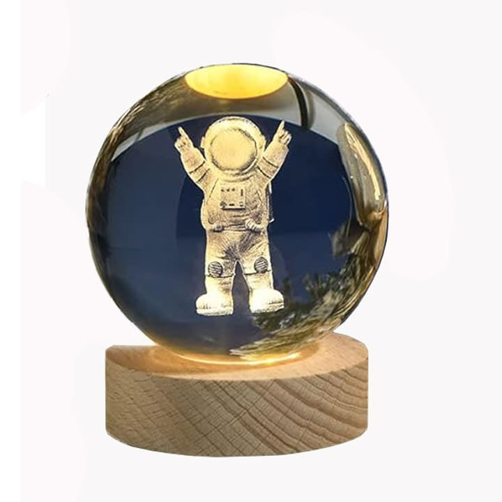 3D Large Crystal Ball Astronaut LED Night Light 3.15 inches Warm Glass Lamps Spaceman Science Educational Gift for Kids Room Bedroom Decor