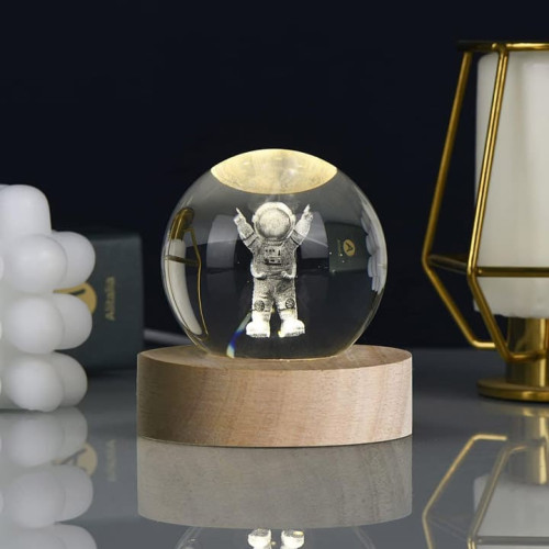 3D Large Crystal Ball Astronaut LED Night Light 3.15 inches Warm Glass Lamps Spaceman Science Educational Gift for Kids Room Bedroom Decor