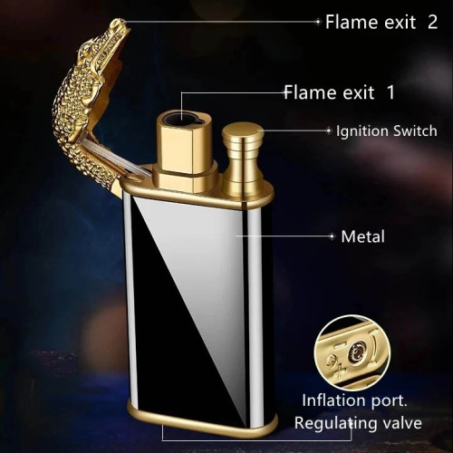 Creative Embossed Shenlong Double Fire Gas, Cigarette Lighter Metal, Flame Spray Tool, Trendy and Fashionable Men