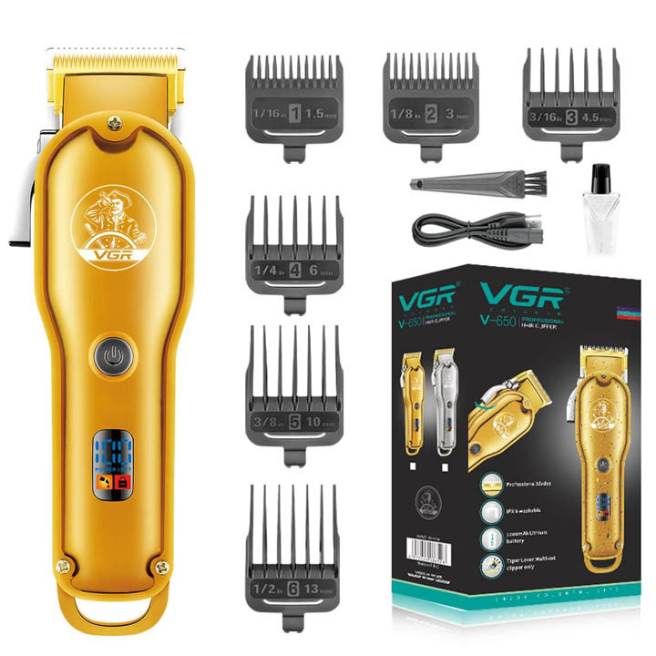 VGR V-650 Professional Cordless Hair Clipper with LED Display, Stainless Steel Blade, USB Charging Cable, 6 Guide Combs