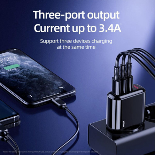 JOYROOM  3.4A DIGITAL DISPLAY WALL CHARGER  TRIPLE USB-A  HKL-USB59  BLACK  UK PLUG