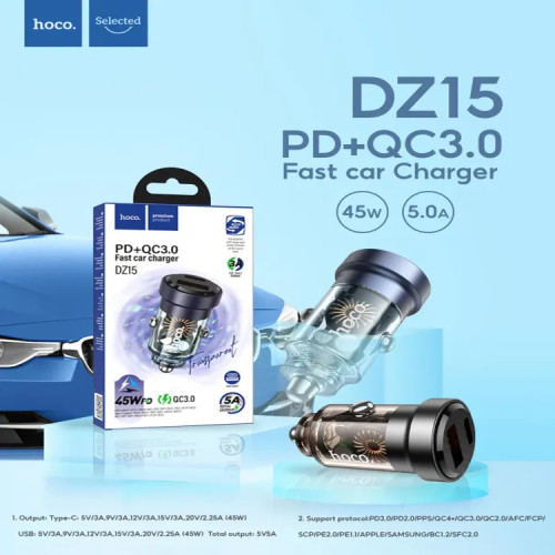 Hoco DZ15 45W PD+QC3.0 Dual Port Fast Charging Car Charger