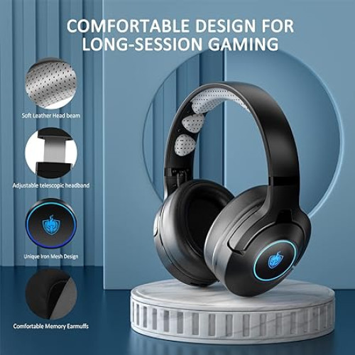 Phoinikas Q9 Gaming Headphone, for PS4/PS5/PC/Xbox One/Switch, 7.1 Stereo, with Mobile Phone Bluetooth Function, Noise Cancelling Microphone, 40H Playtime, Blue LED Light