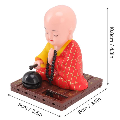 SINAGAR Little Monk Figurine, Solar Chinese Little Buddha Monk Statue, Bring Good Fortune Decoration Ornament, Funny Car Shaking Head Toy, Solar Power Nodding Head Dancing Toy (Red)