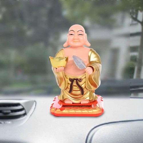 Solar Laughing Buddha Holding Ingot and Waving Fan Moving Head and Fan for Health Wealth and Prosperity (9 x 8 x 13 cm) Small