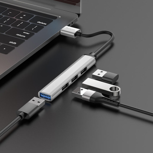 HB26 4-in-1 hub, USB male to USB3.0 female + USB2.0*3 female, support up to 1Tb hard drive.