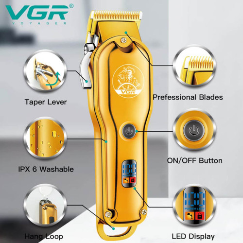 VGR V-650 Professional Cordless Hair Clipper with LED Display, Stainless Steel Blade, USB Charging Cable, 6 Guide Combs