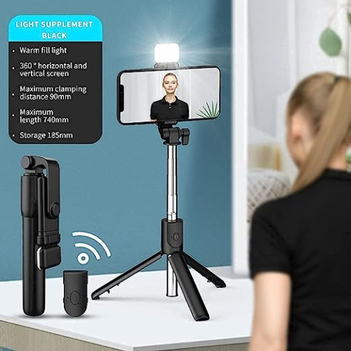 R1s Bluetooth  with Remote And  Light, 3-in-1 Multifunctional Selfie Stick Tripod Stand Compatible With  All Smartphones